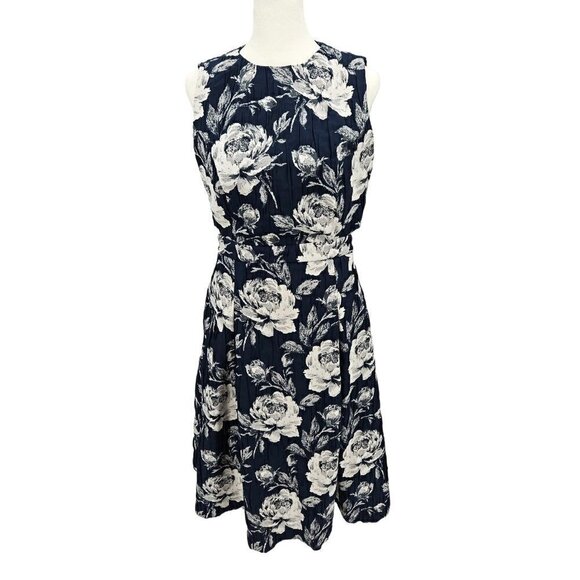 Eva Mendes Cut Out Dress Size 4 Crinkle Textured Floral Stretch Umbrella Blue - Picture 1 of 15